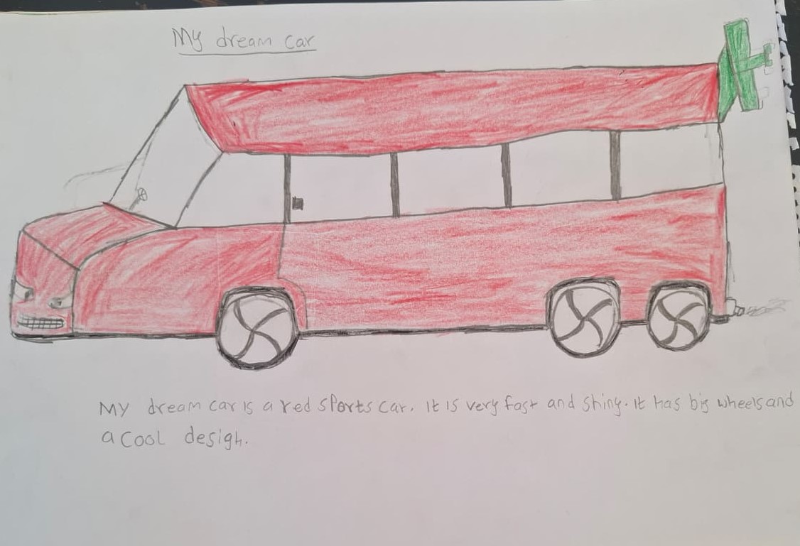 A child's drawing of a car